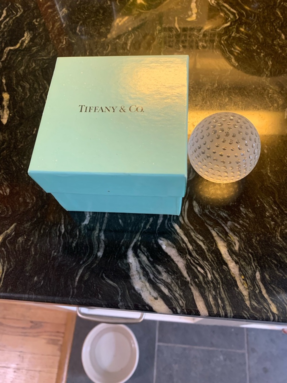Tiffany & Co. Crystal Golf Ball Paperweight w/Robin's Egg Blue Gift Box